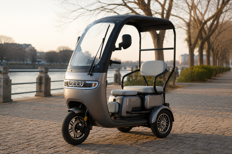 an electric tricycle with various feature icons around it